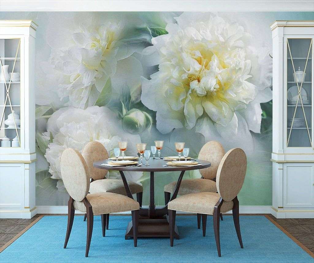 Фотообои в интерьере пион 3д в дымке  13-240 фото