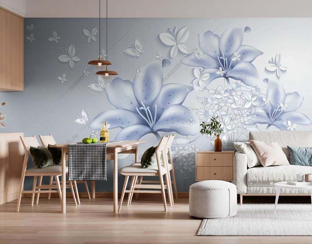 Фотообои в интерьере нежно-голубые лилии  14-429 фото