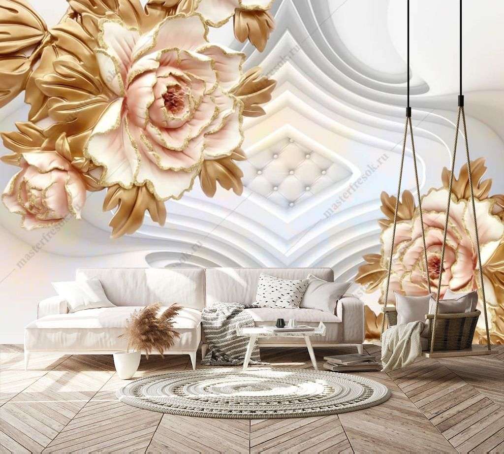 Фотообои в интерьере 3д объемные золотые цветы  10-926 фото