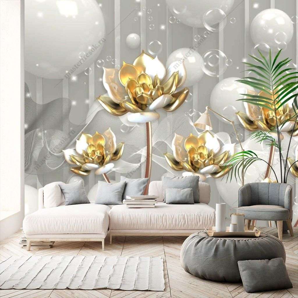 Фотообои в интерьере 3д золотые цветы на стену  10-915 фото
