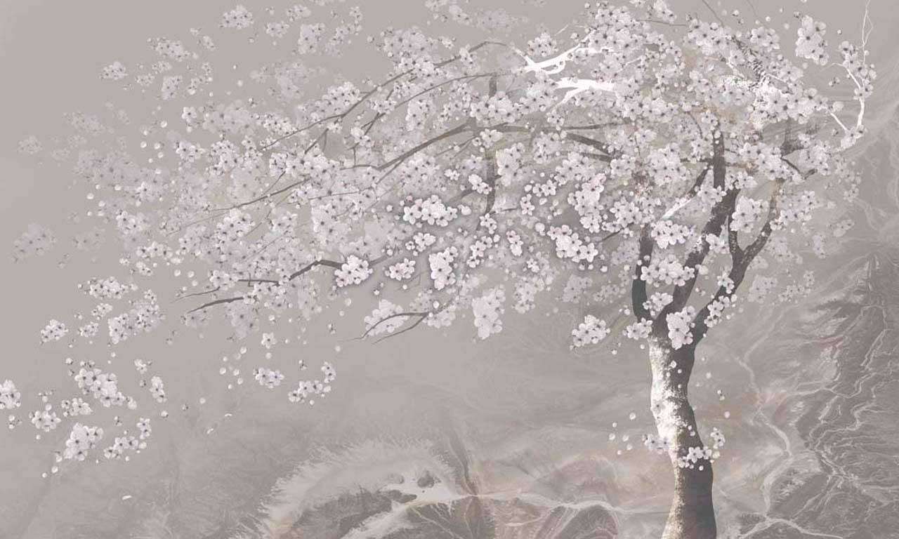 Фотообои в интерьере сакура в цветах  7-898 фото