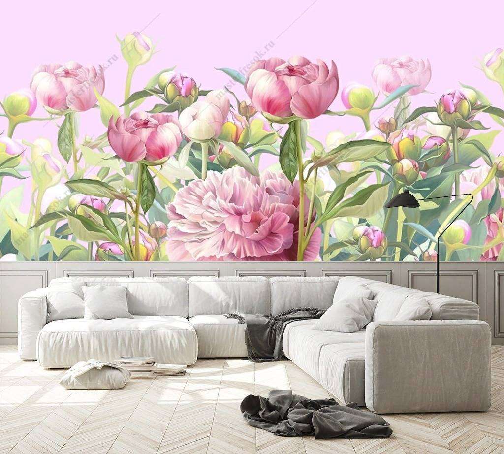 Фотообои в интерьере акварельные пионы  10-877 фото