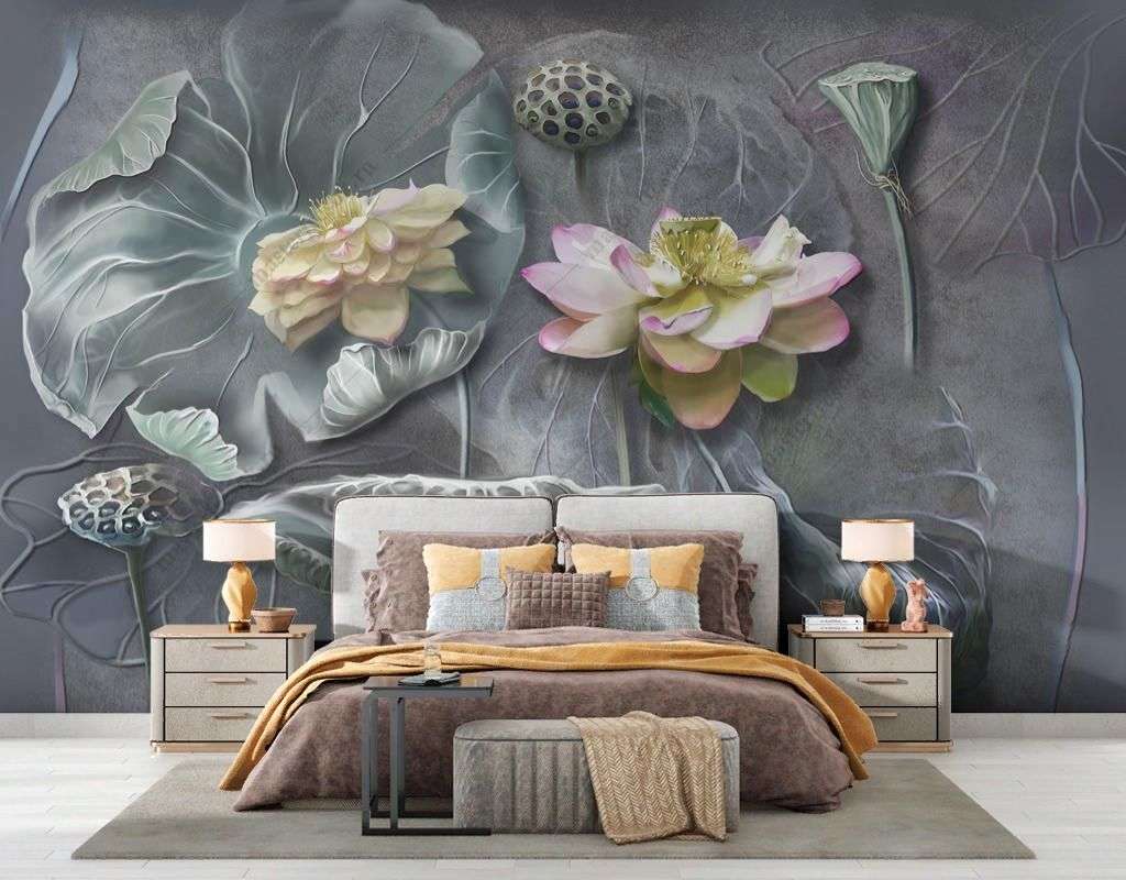 Фотообои в интерьере лотос 3д рельеф  13-616 фото