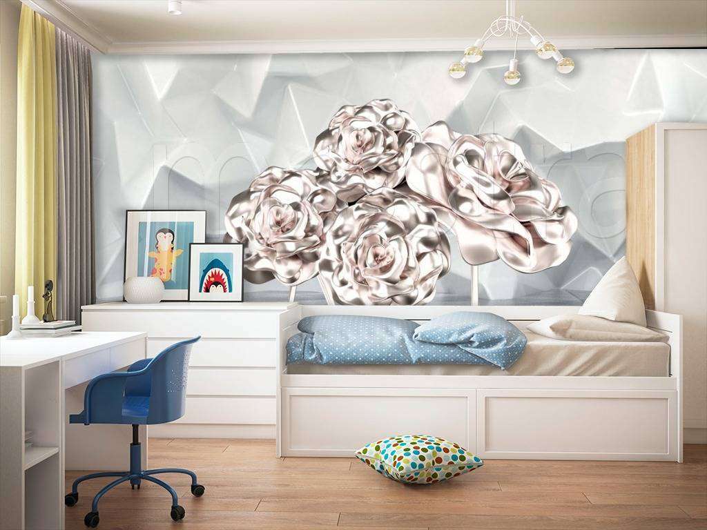 Фотообои в интерьере 3д цветы на серых квадратах  10-548 фото