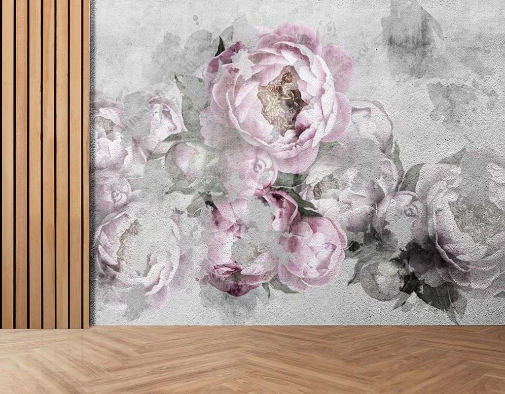 Фотообои в интерьере пионы на сером фоне  9-1605 фото