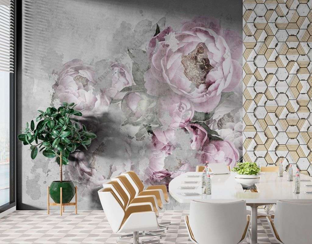 Фотообои в интерьере пионы на сером фоне  9-1605 фото