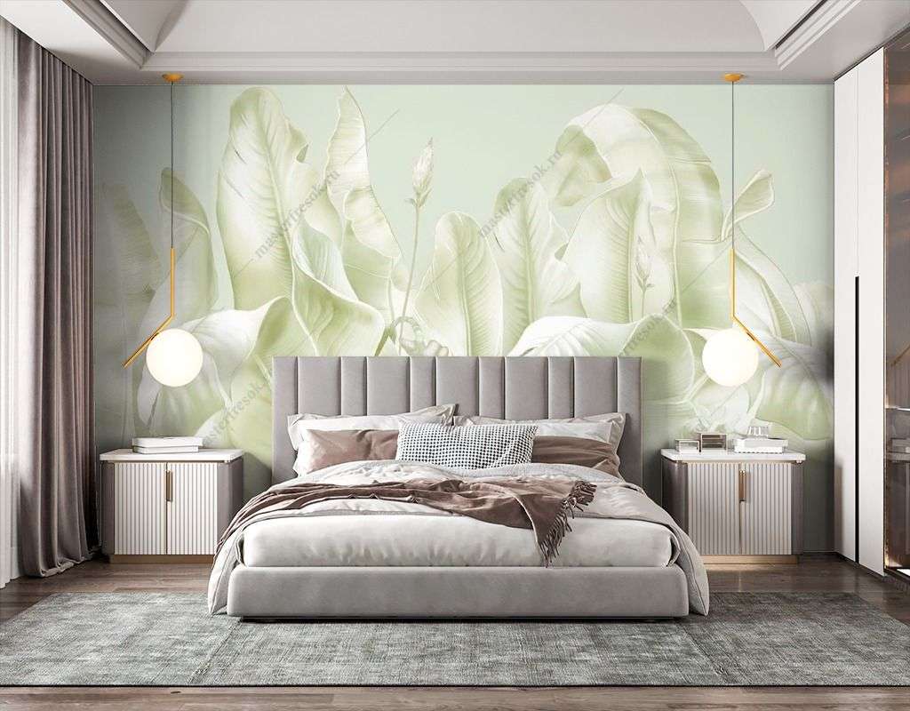 Фотообои в интерьере листья пастель  13-563 фото