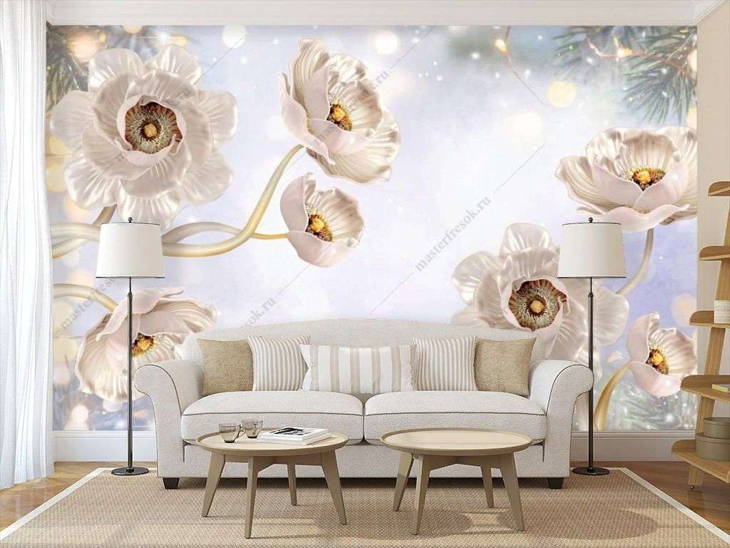 Фотообои в интерьере 3д цветы на зимнем фоне  10-921 фото