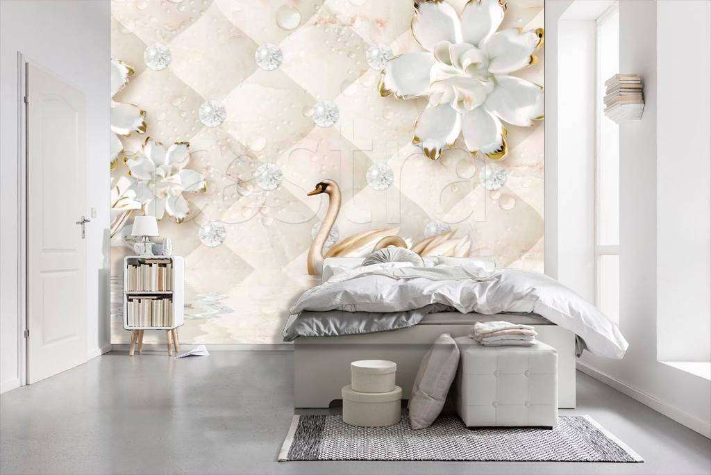 Фотообои 3д цветы на бежевом фоне и лебеди  10-453