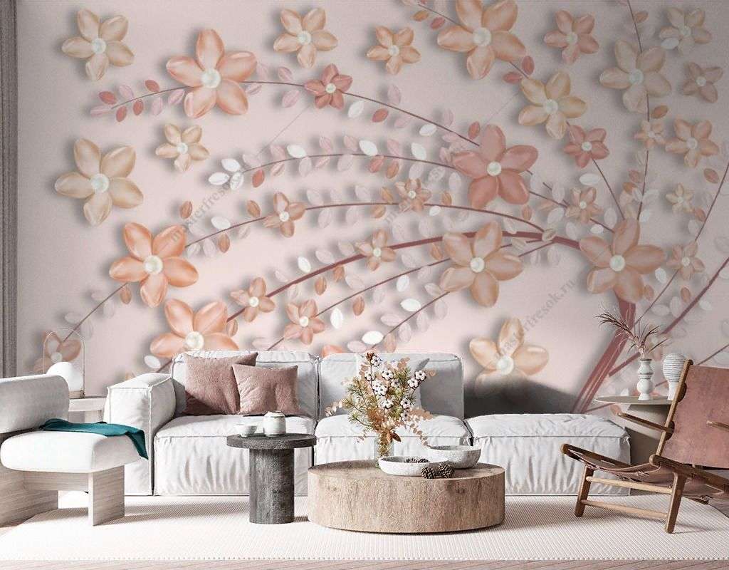 Фотообои в интерьере объёмное дерево с цветами  14-633 фото