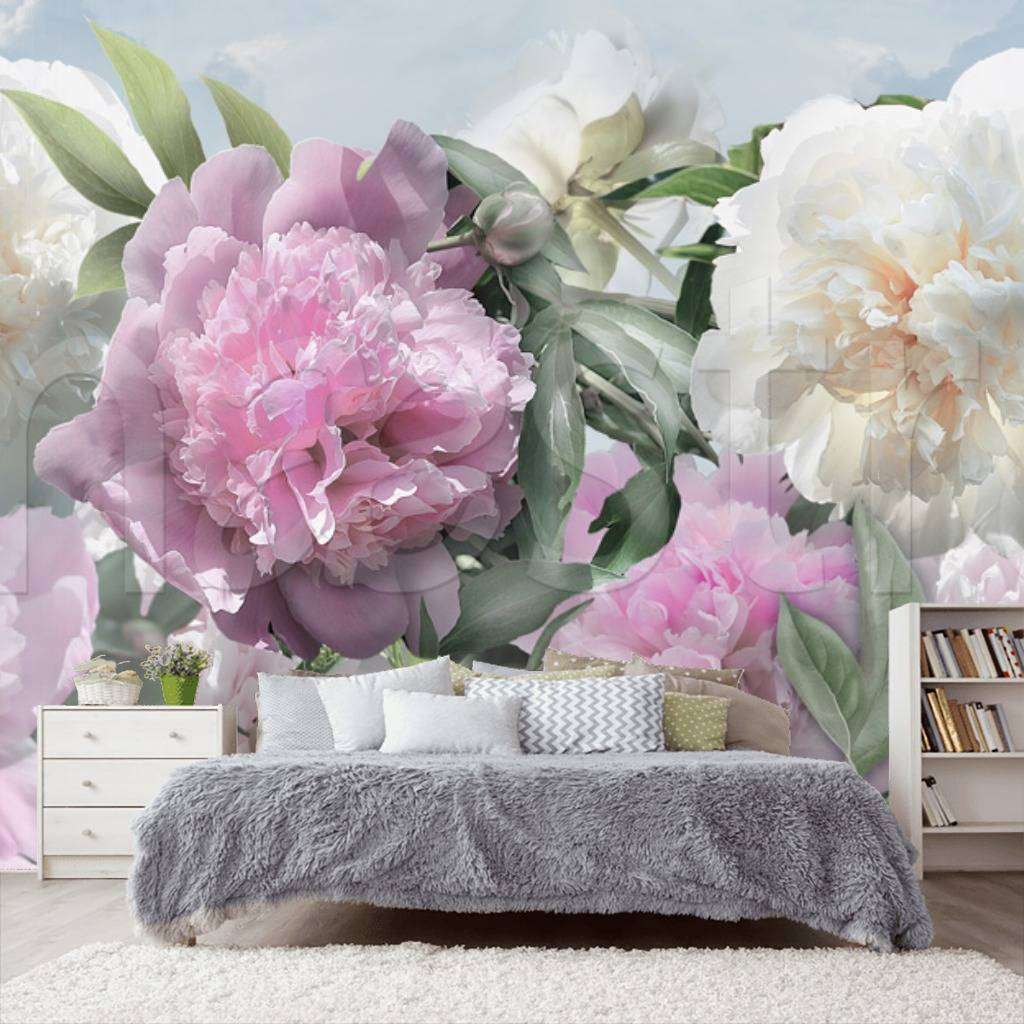 Фотообои в интерьере пионы фон  7-983 фото