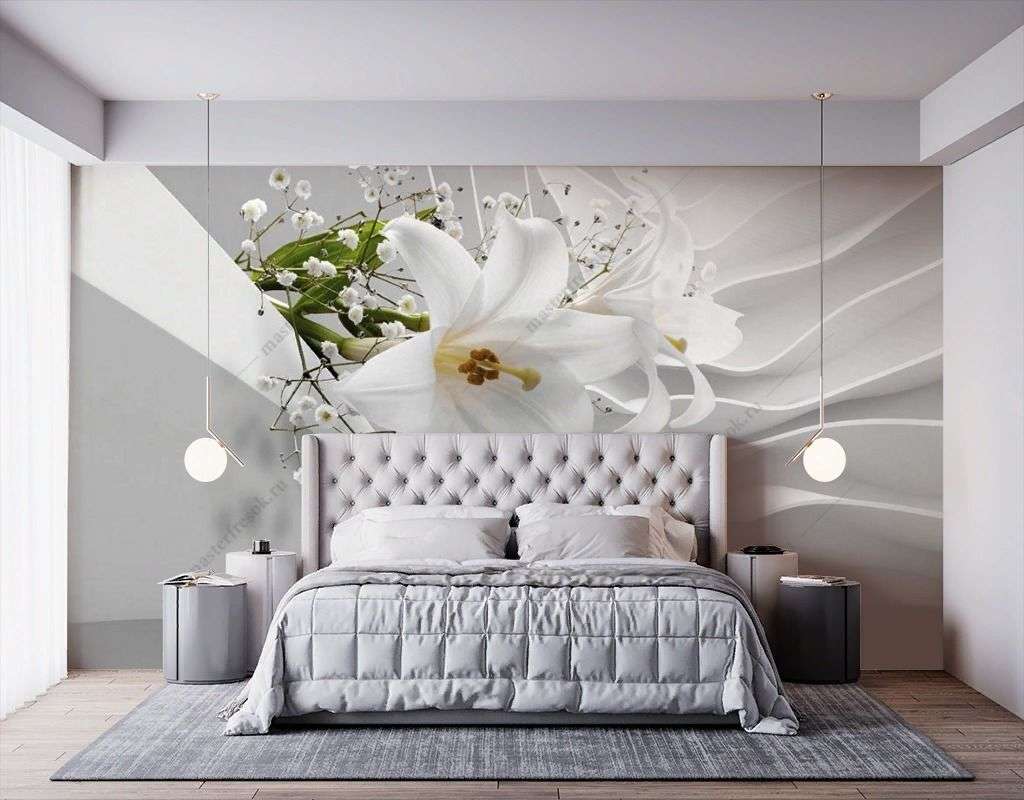 Фотообои в интерьере белые лилии 3d  10-983 фото