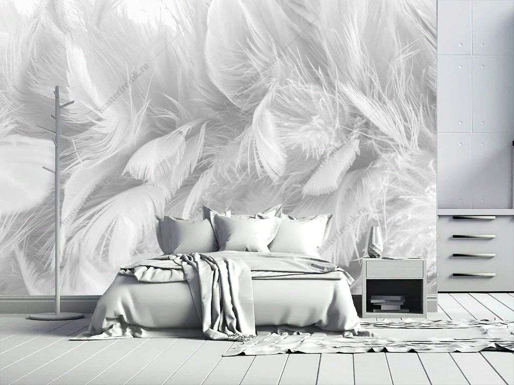 Фотообои в интерьере 3д белые перья  10-896 фото