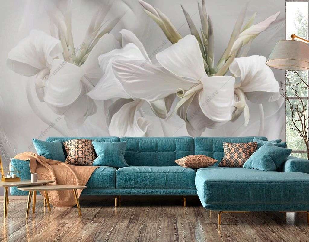 Фотообои в интерьере лилии белые на сером фоне  13-633 фото