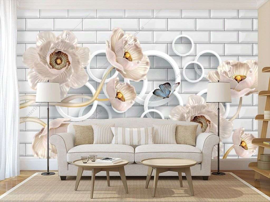 Фотообои в интерьере 3д бежевые цветы на стене  10-906 фото