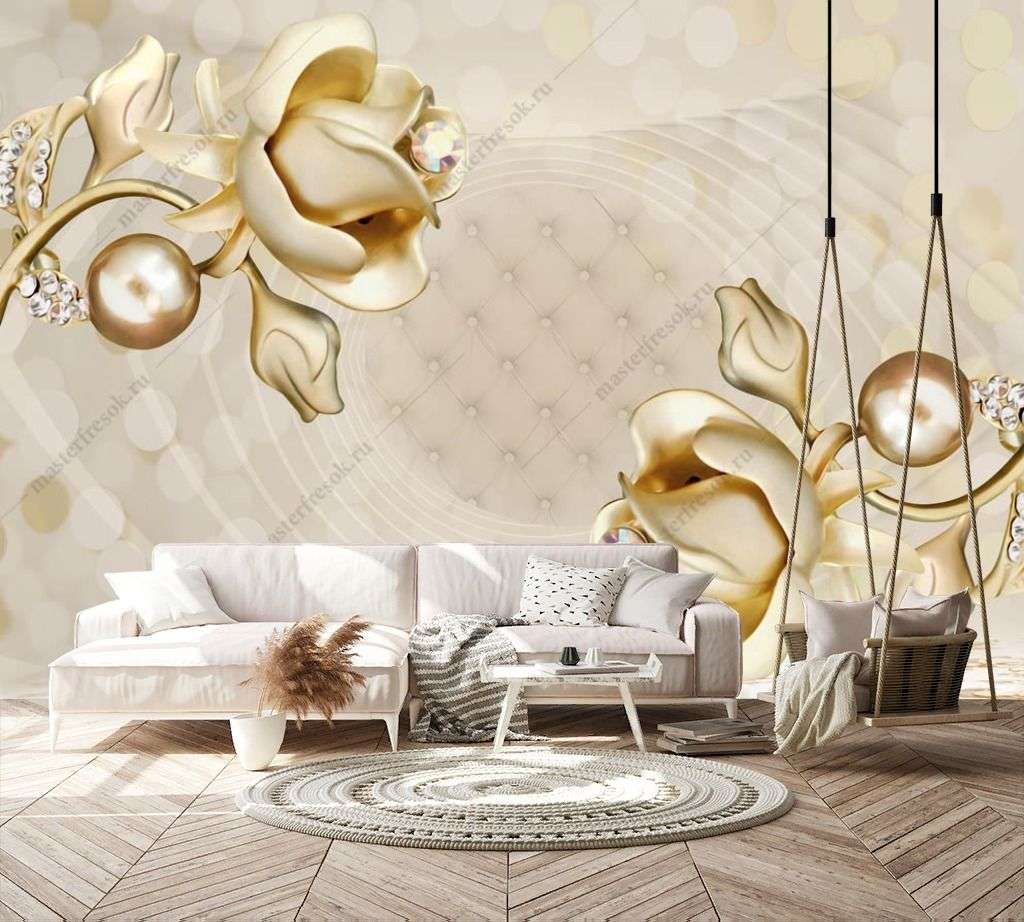 Фотообои в интерьере 3д цветы из золота  10-924 фото