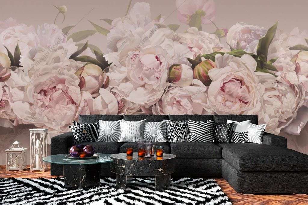Фотообои в интерьере пионы 3д  14-356 фото