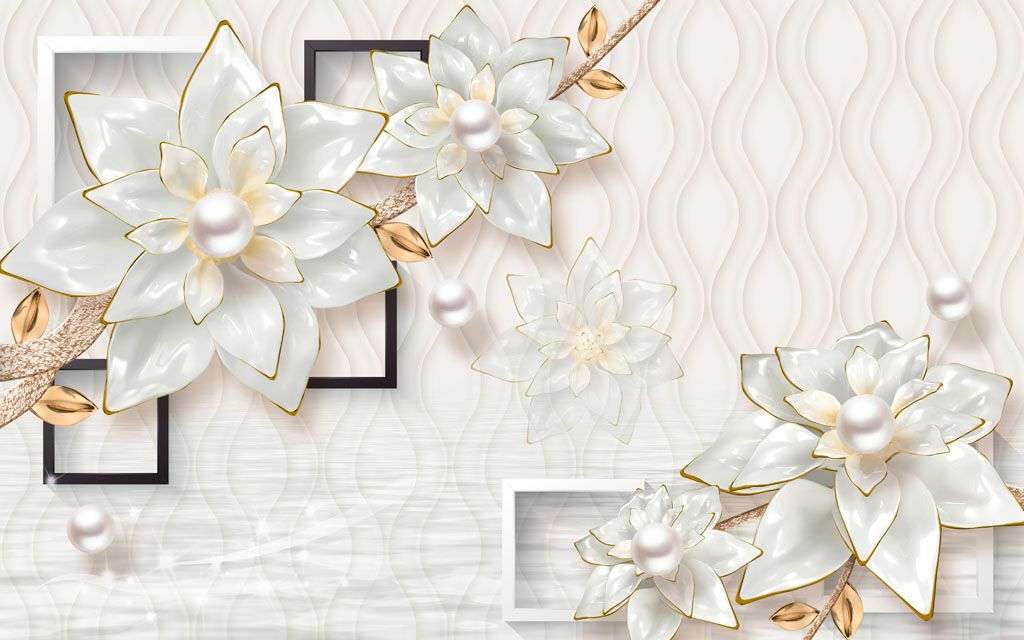 Фотообои в интерьере 3д геометрия с цветами  10-648 фото