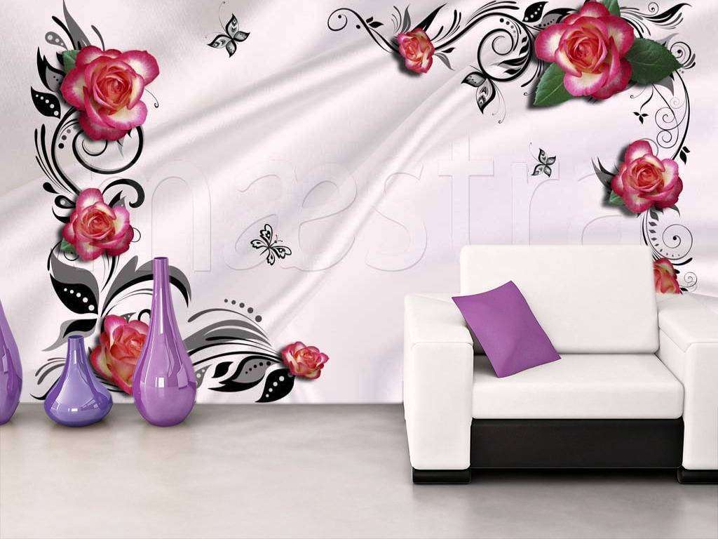 Фотообои Стереоскопические красные розы на шелке с черным орнаментом  7-470