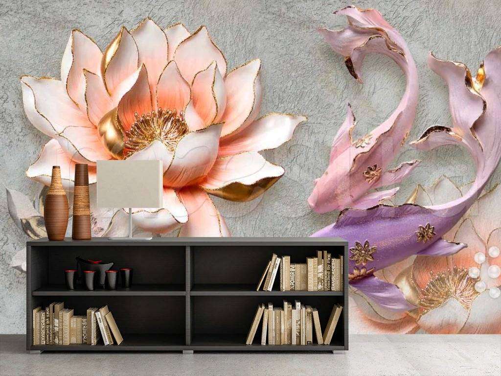 Фотообои в интерьере 3д цветы и рыбы  7-802 фото