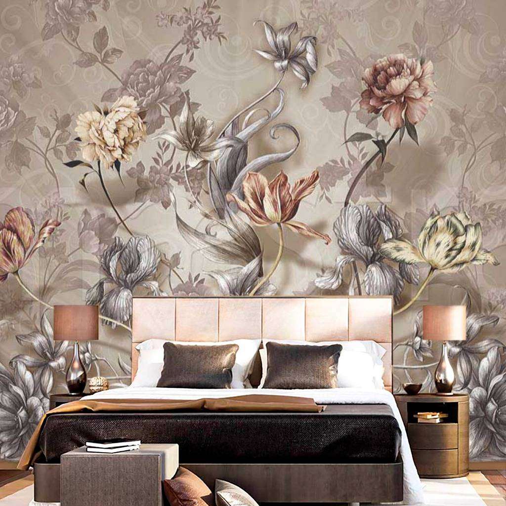 Фотообои в интерьере букет цветов на сером фоне  7-431 фото