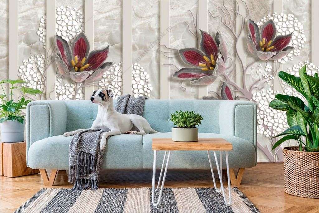 Фотообои в интерьере 3д лепестки на белом фоне  10-905 фото