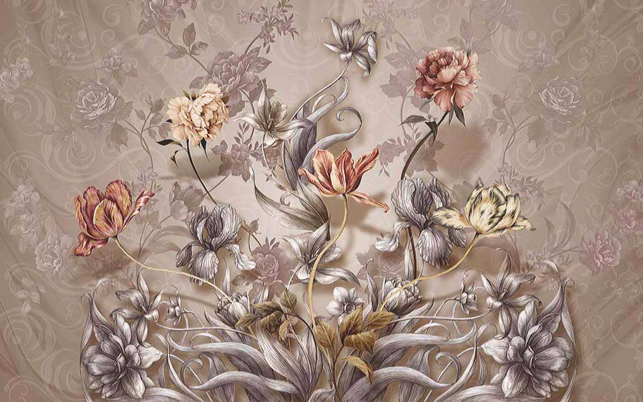 Фотообои в интерьере букет цветов на сером фоне  7-431 фото