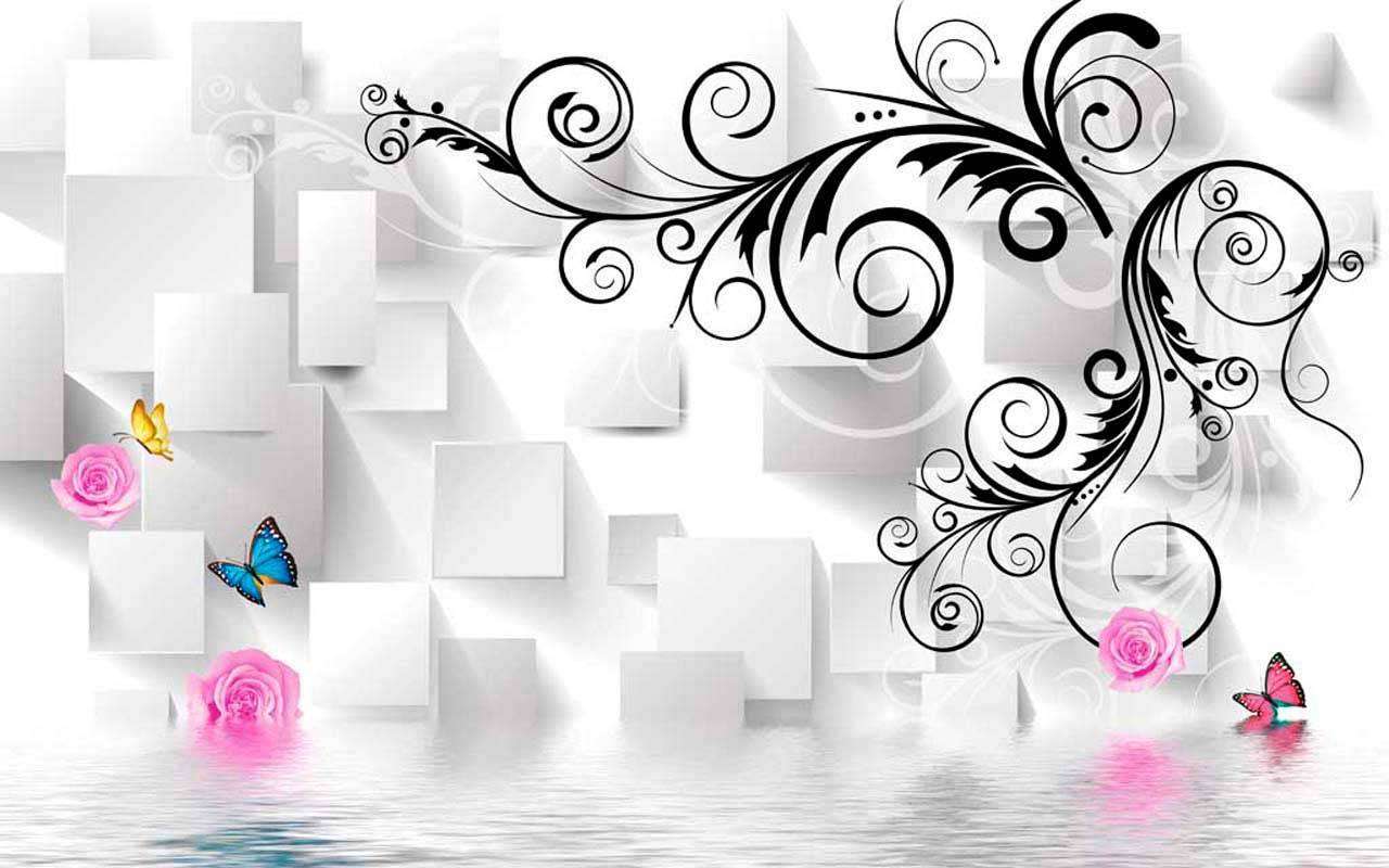 Фотообои в интерьере бабочки над водой на 3д фоне  10-426 фото