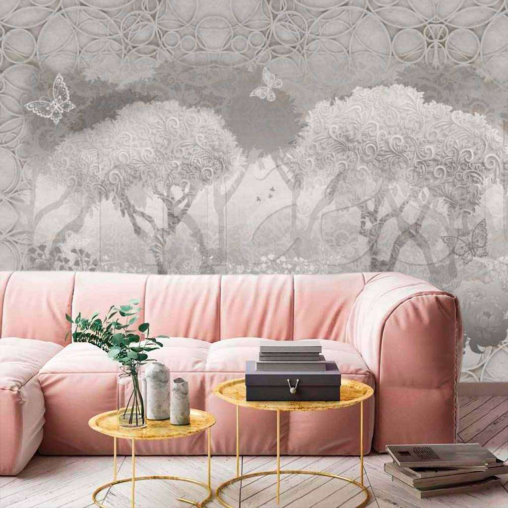 Фотообои в интерьере лес туманный на сером фоне  7-263 фото