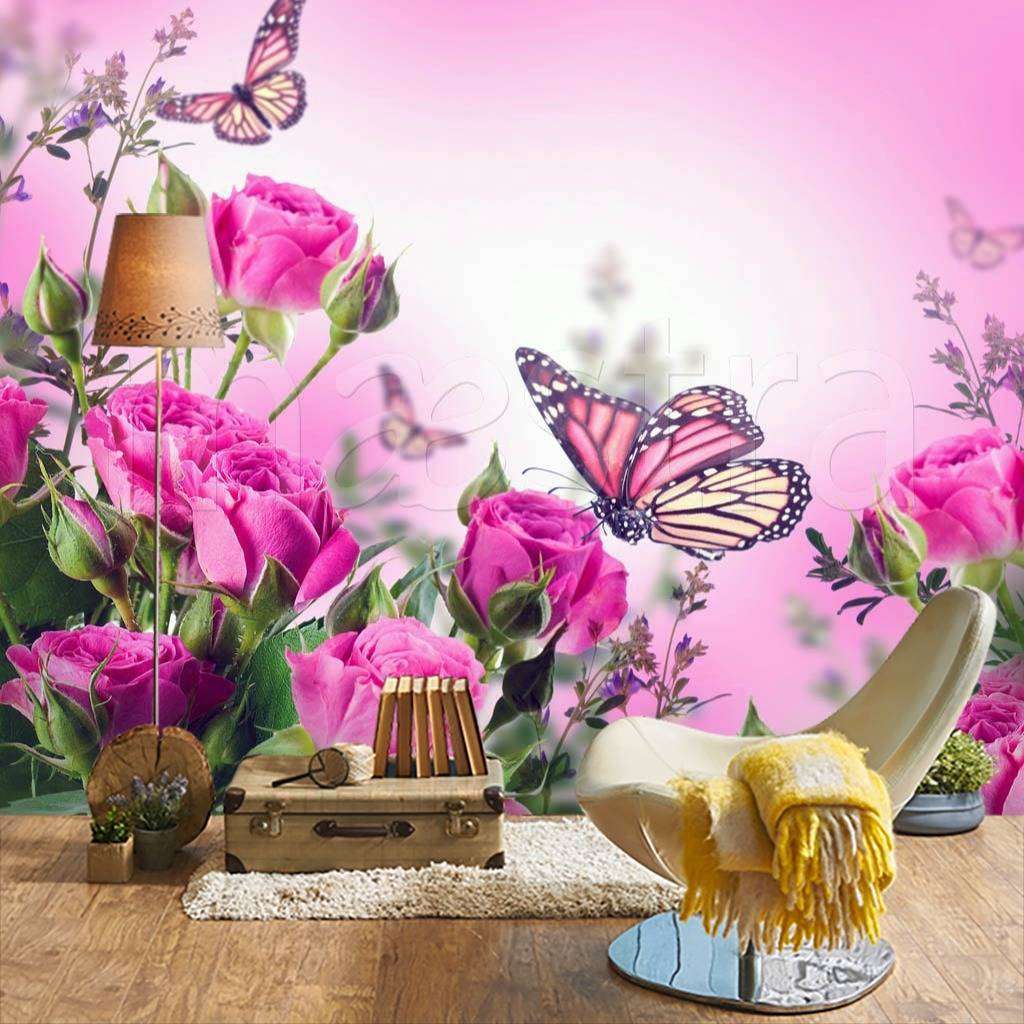 Фотообои Розовые розы и бабочки  4-097