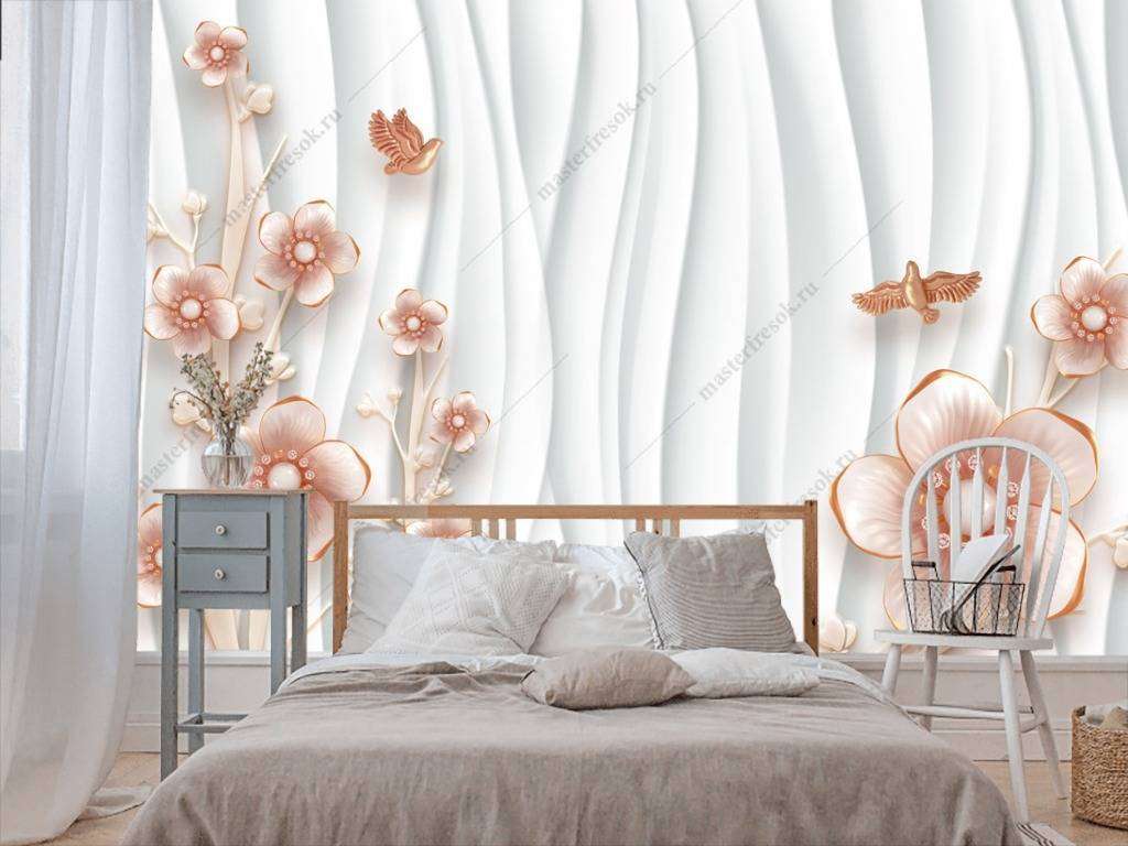 Фотообои в интерьере 3д волны и цветы  10-635 фото