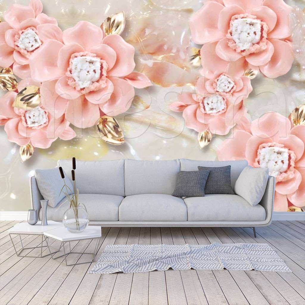 Фотообои 3д объемные цветы розовые с золотыми листочками  10-511