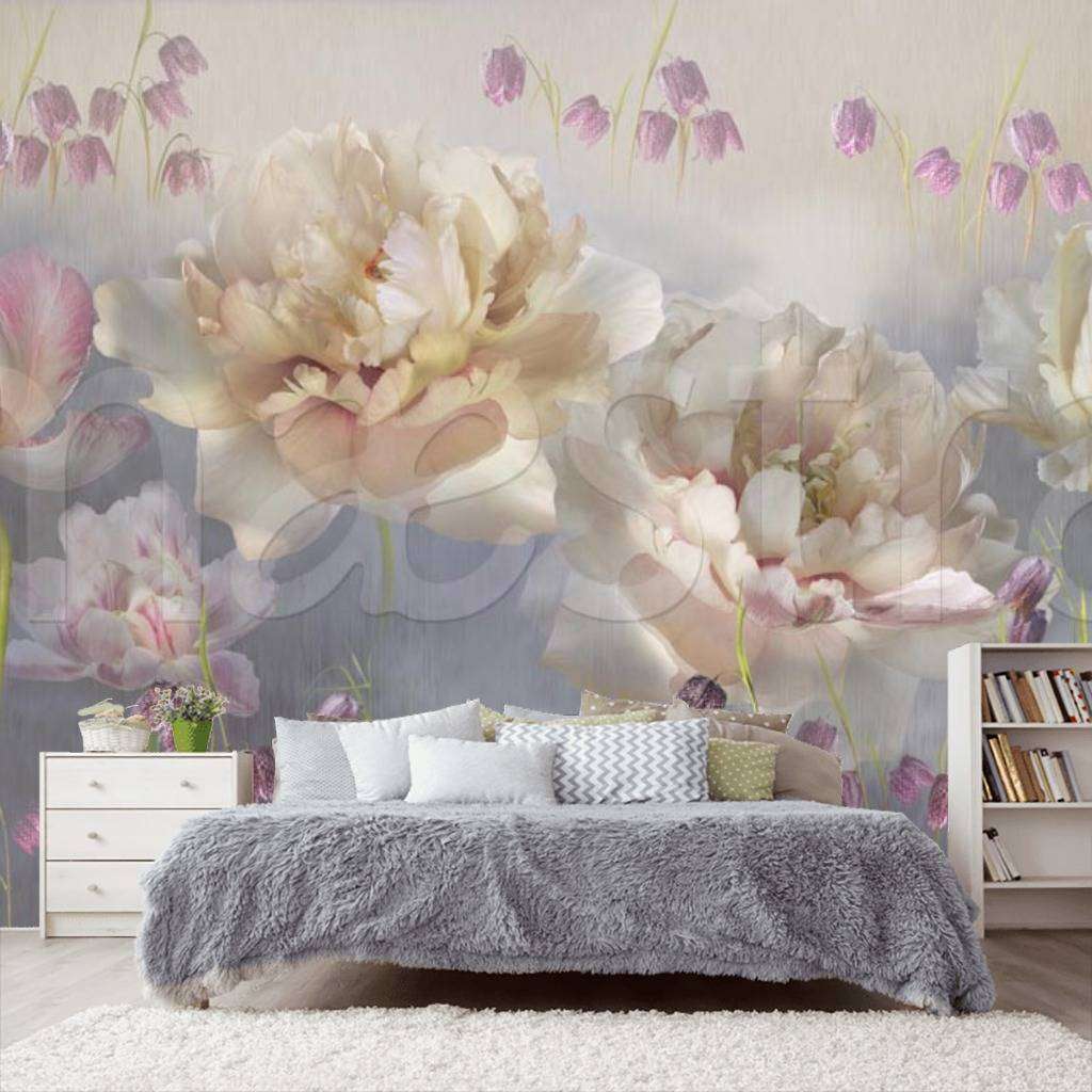 Фотообои в интерьере стереоскопические цветы на сером фоне  7-508 фото