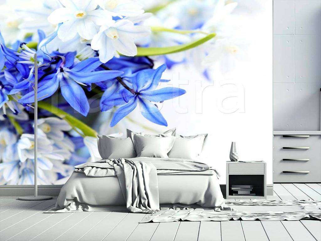 Фотообои в интерьере синие цветы на стену  9-085 фото