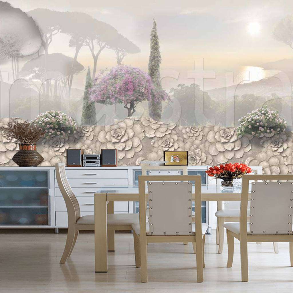 Фотообои в интерьере 3д пейзаж в дымке  7-757 фото