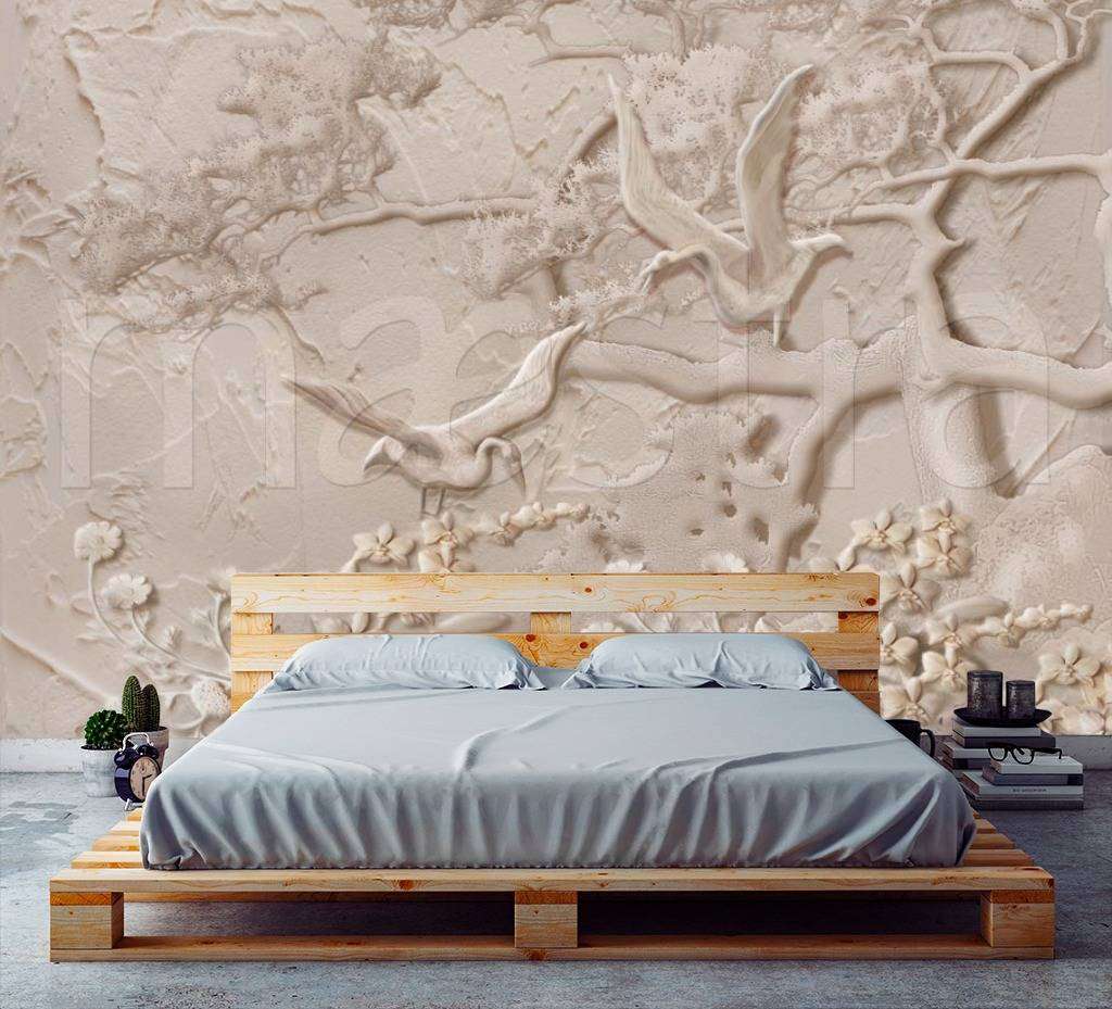 Фотообои в интерьере стереоскопическое дерево с птицами  7-514 фото