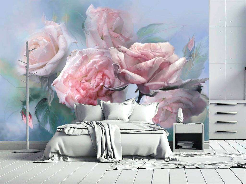 Фотообои в интерьере розы на голубом фоне  13-265 фото