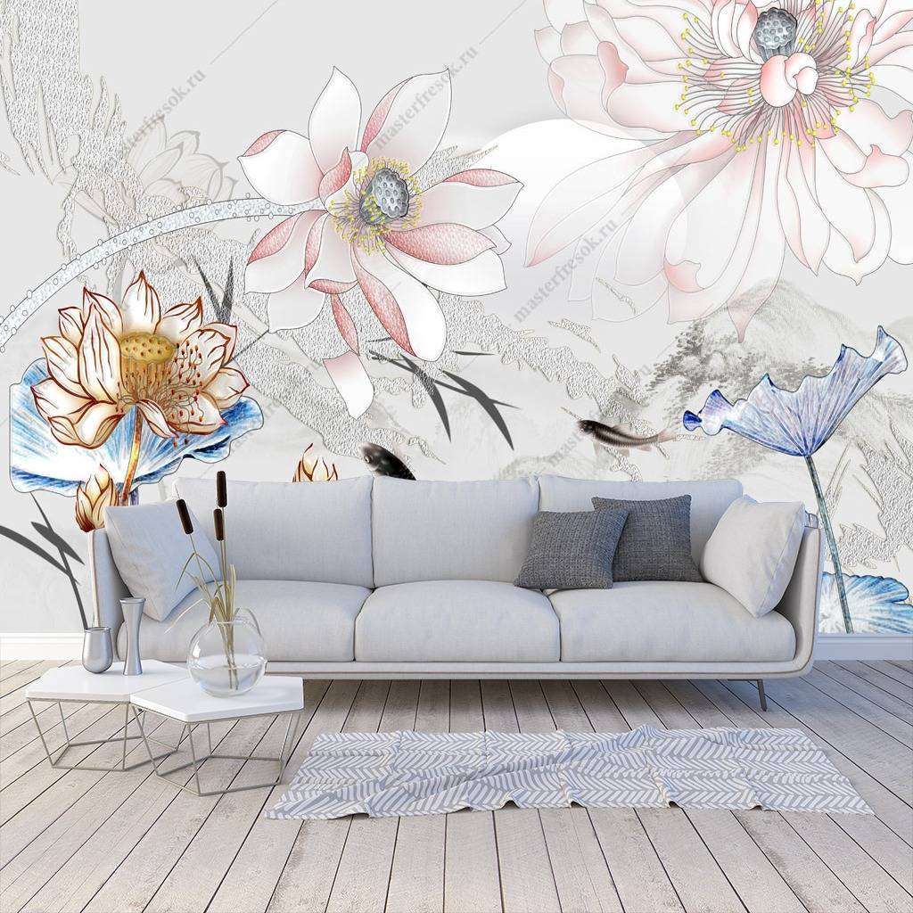 Фотообои в интерьере 3д цветы роспись  10-659 фото