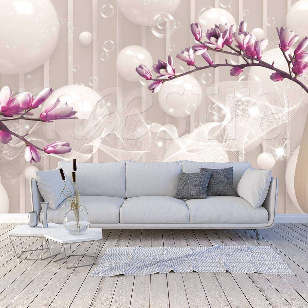 Фотообои 3д шары и розовые веточки  10-579