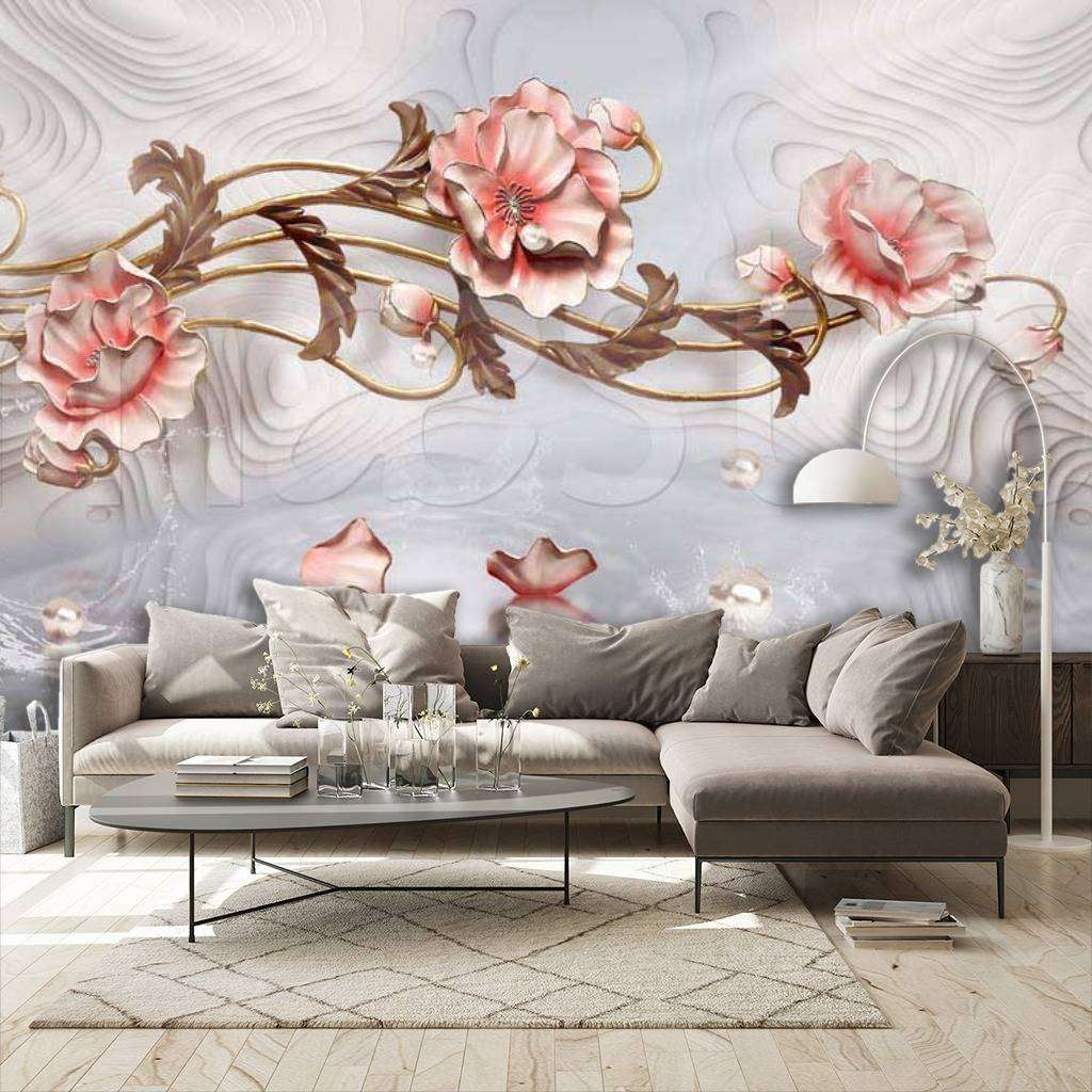 Фотообои в интерьере цветочная фантазия на сером фоне  7-432 фото