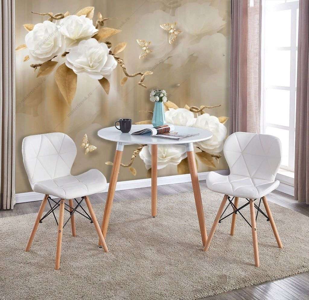 Фотообои в интерьере 3д цветы на бежевом фоне  10-912 фото