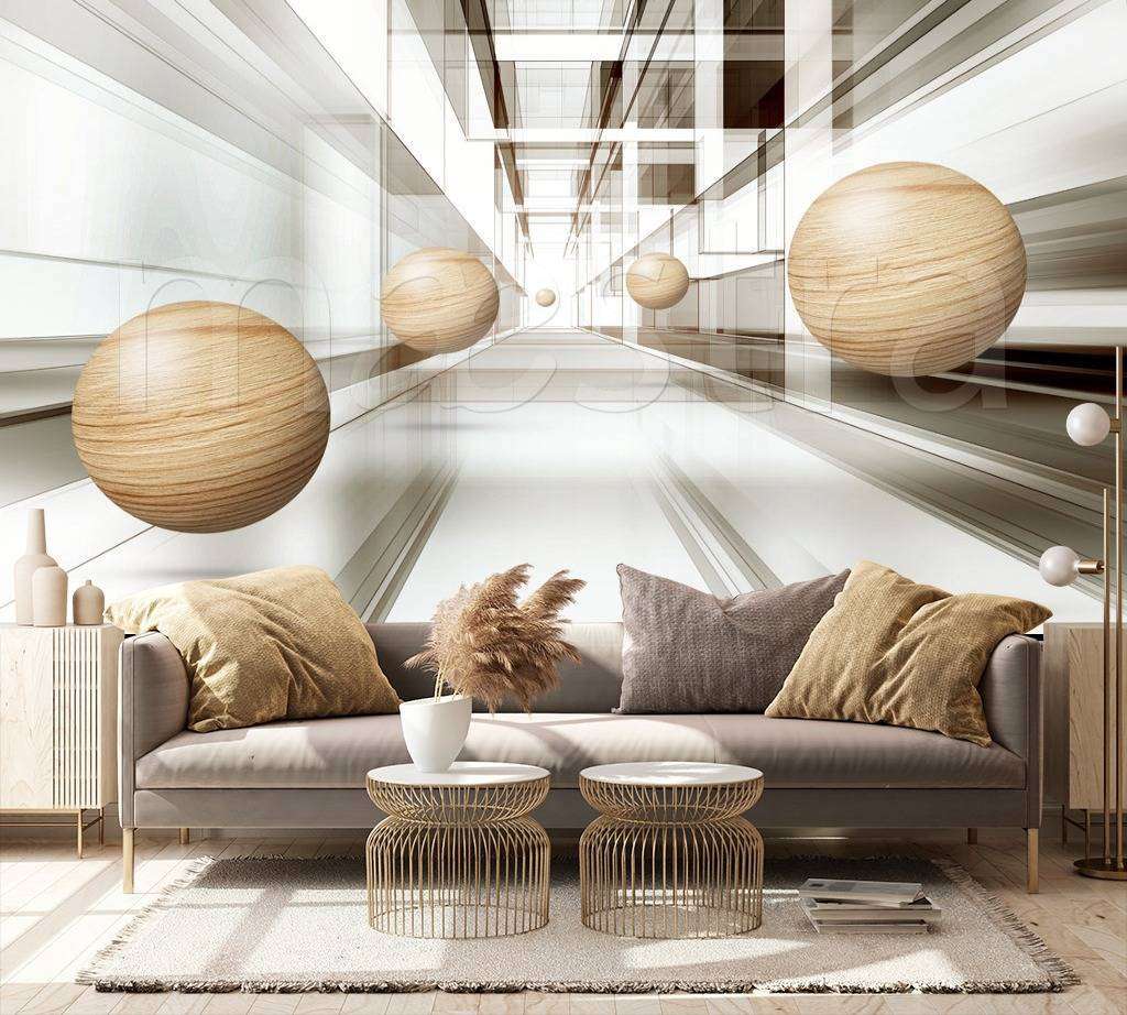 Фотообои в интерьере 3д деревянные шары  10-561 фото
