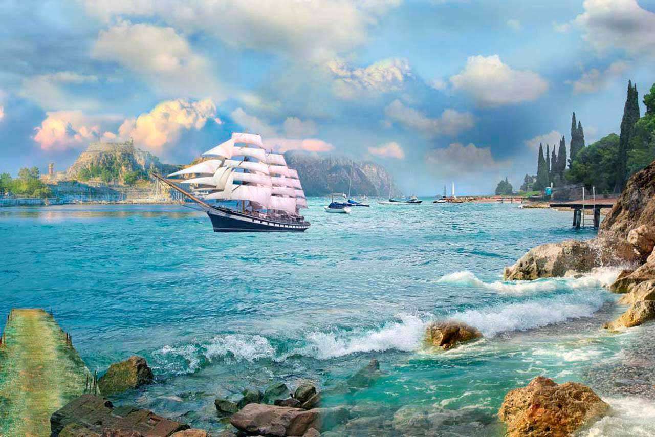 Фотообои в интерьере с видом на море и горы  7-114 фото