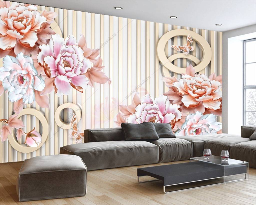 Фотообои 3д розы на полосатом фоне  10-670