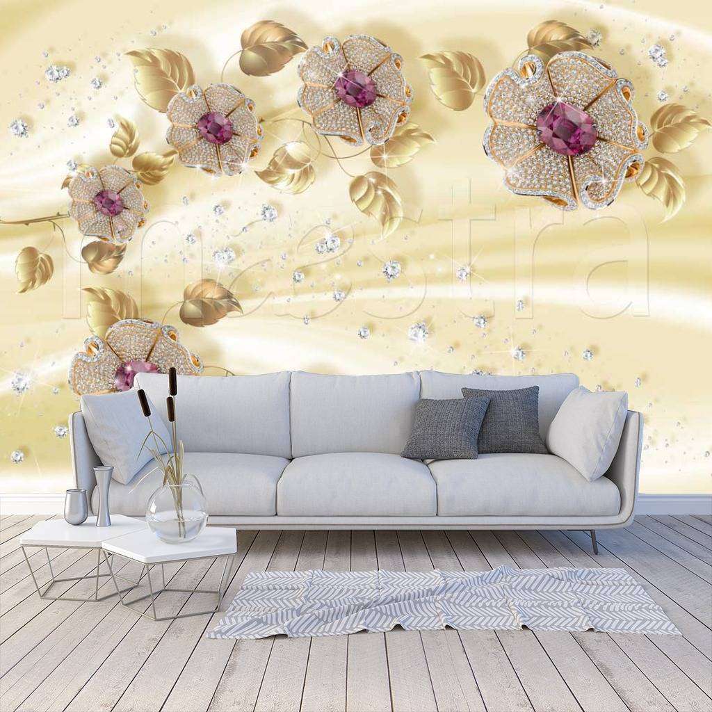 Фотообои Стереоскопические цветы со стразами на фоне ткани  10-460
