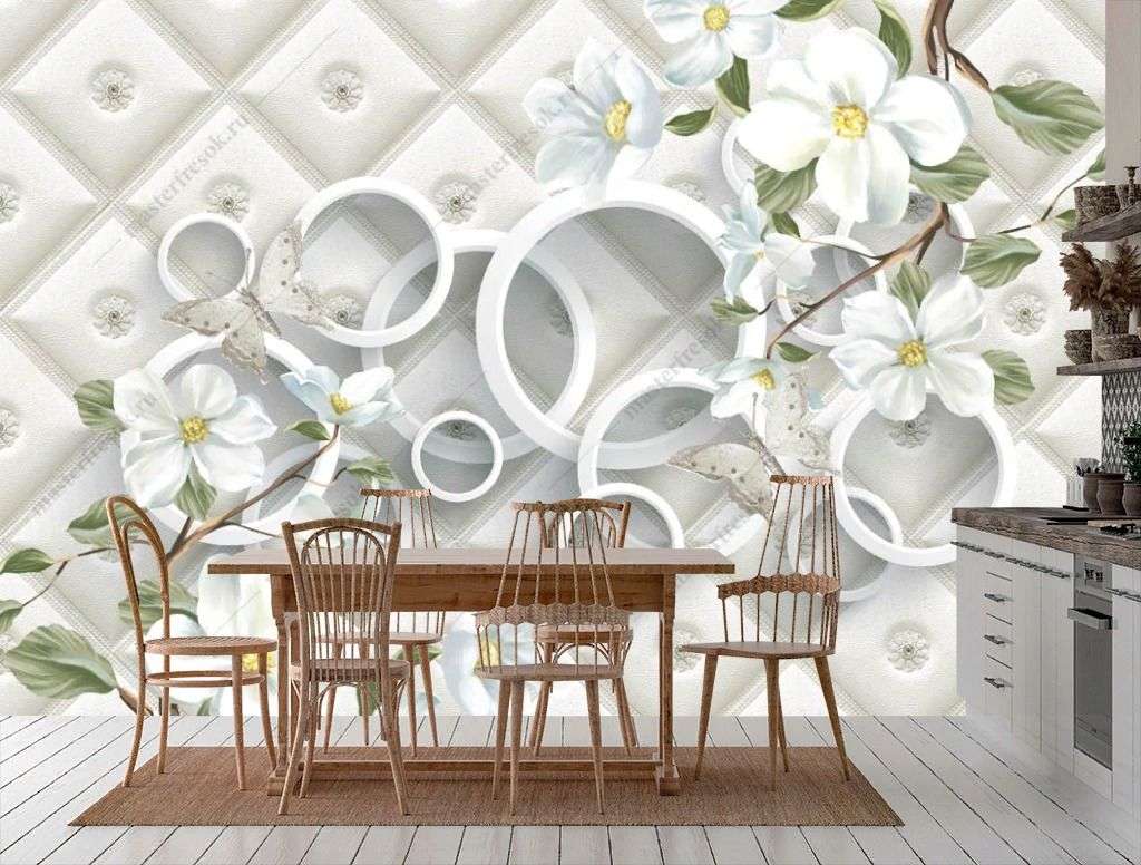 Фотообои в интерьере 3д белые круги с цветами  10-904 фото
