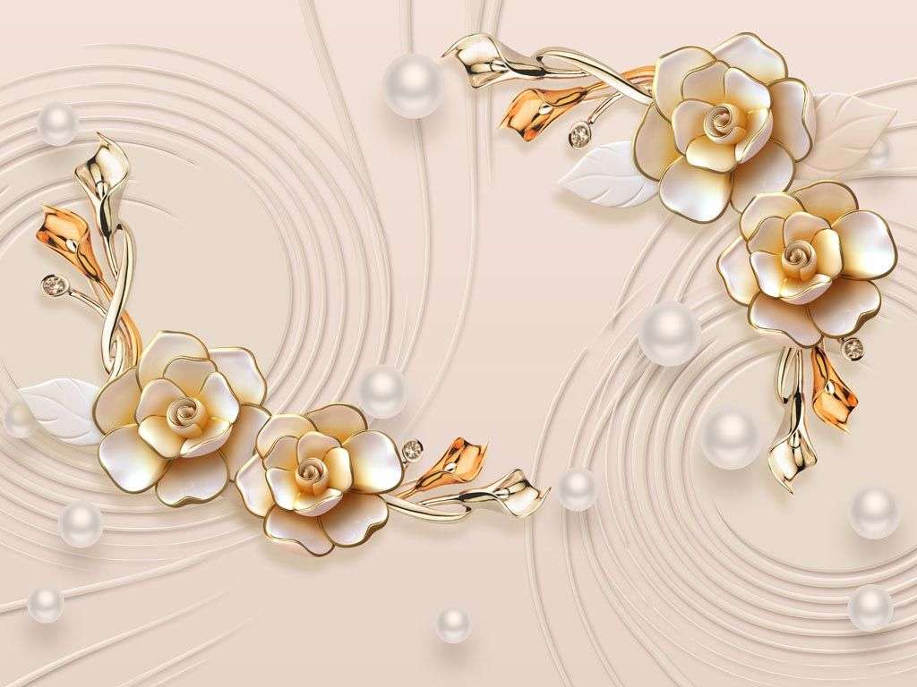 Фотообои в интерьере 3д золотые цветочки  10-658 фото