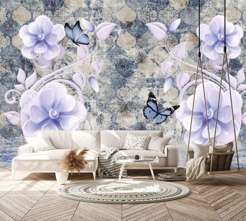 Фотообои в интерьере 3д цветы на синем фоне  10-909 фото