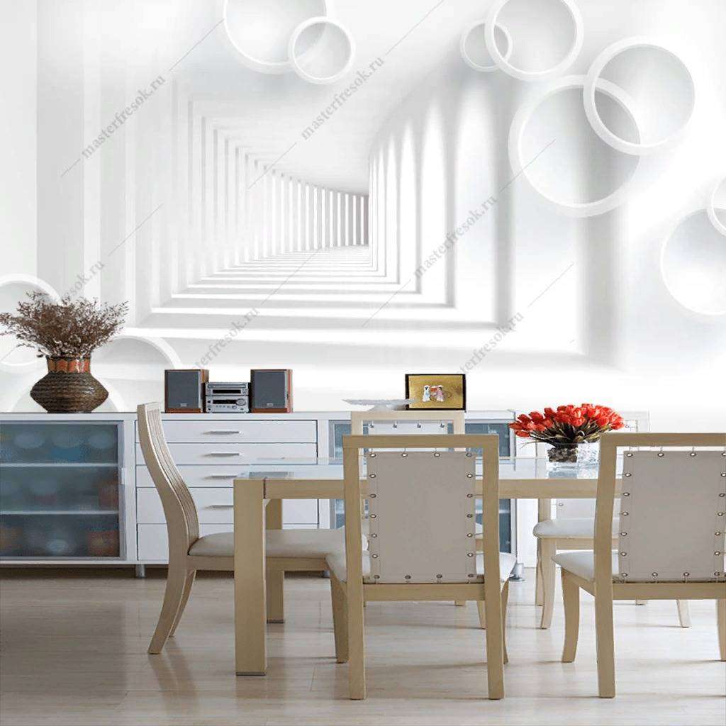 Фотообои в интерьере 3д белый тоннель с кругами  10-839 фото