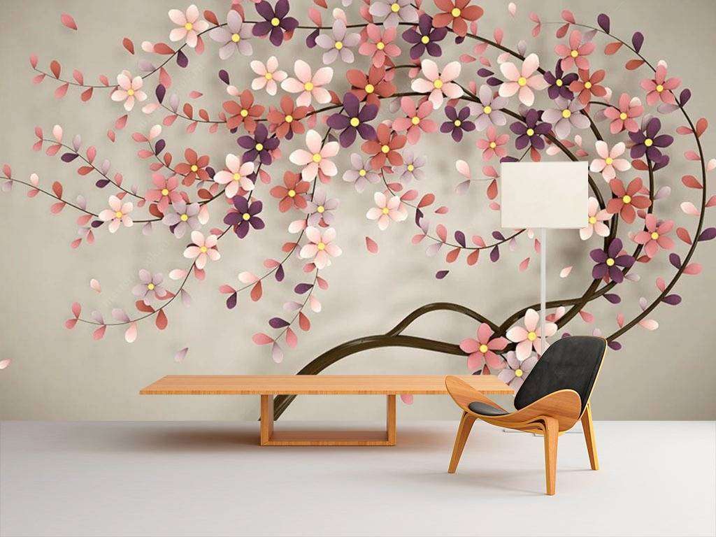Фотообои в интерьере розовая ветвь  15-593 фото